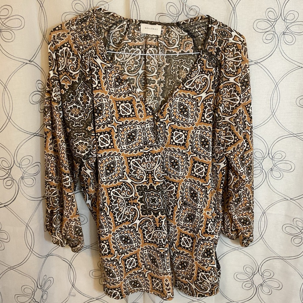 Melloday Top Blouse Shirt Boho Cropped Yellow Peasant V Neck Size 1X